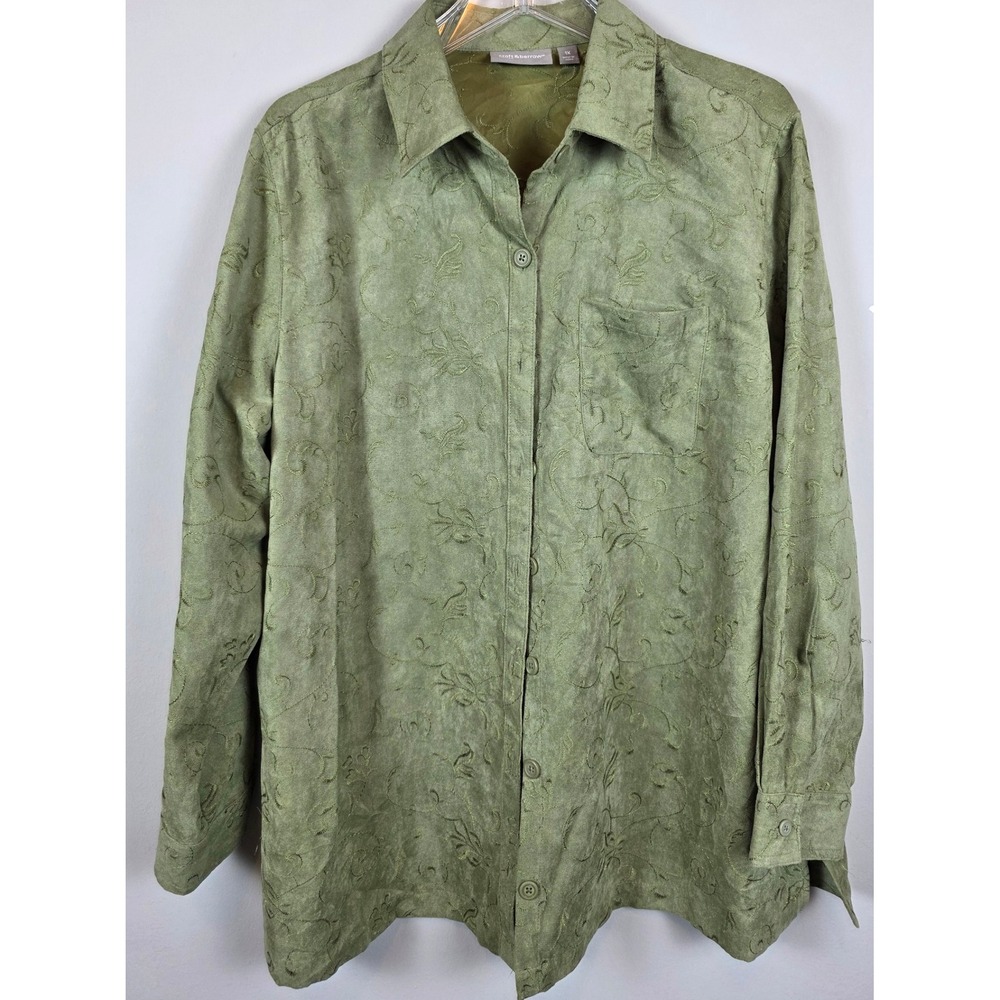 Croft & Barrow Women Sz 1x Textured Floral Button Up Tunic Top Green Relaxed Fit